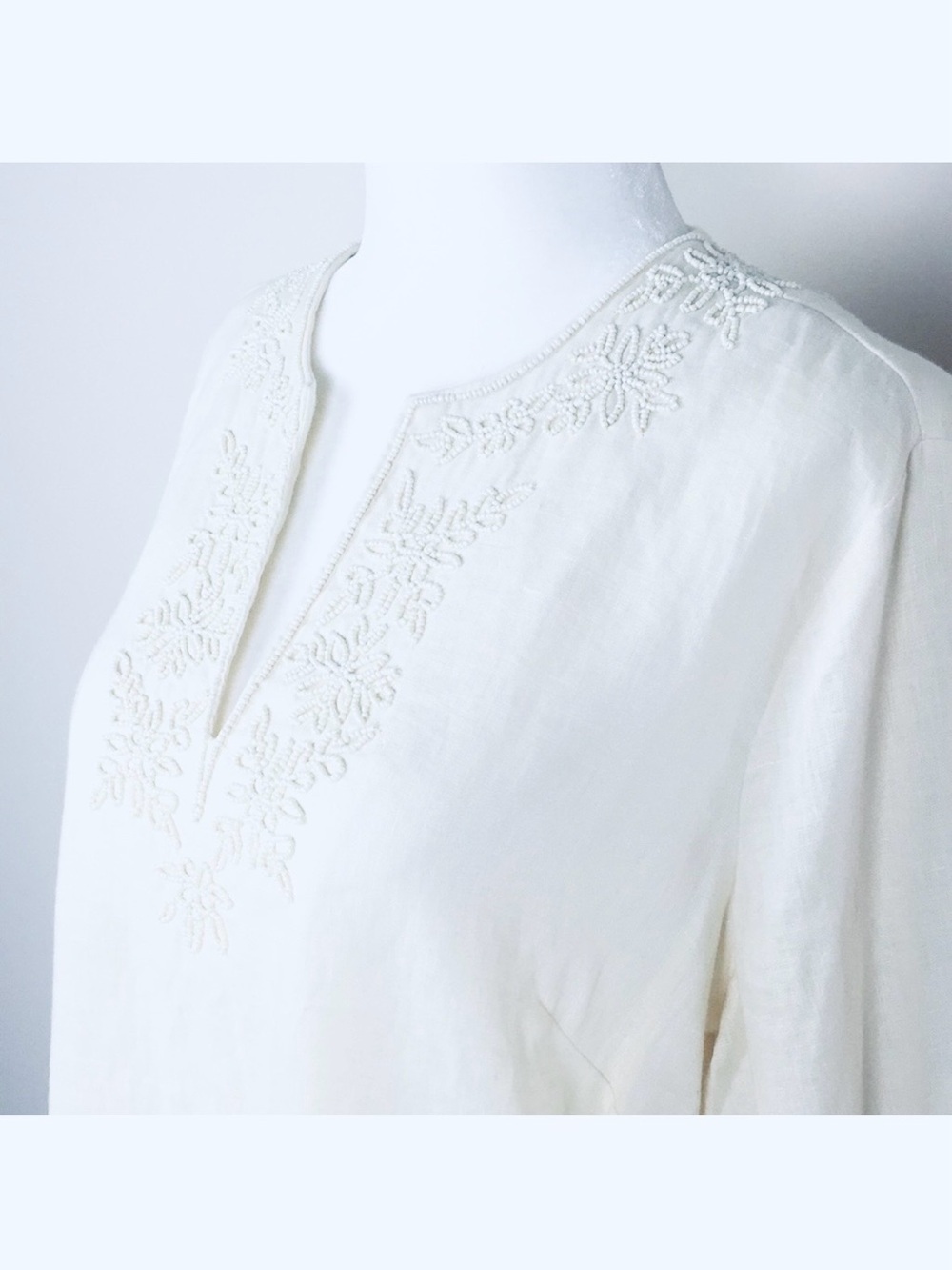 LANDS END White Embroidered Glass Beads Linen Tunic Blouse